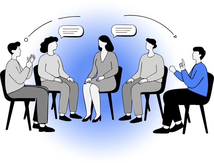 Illustration of a group session with an interpreter signing