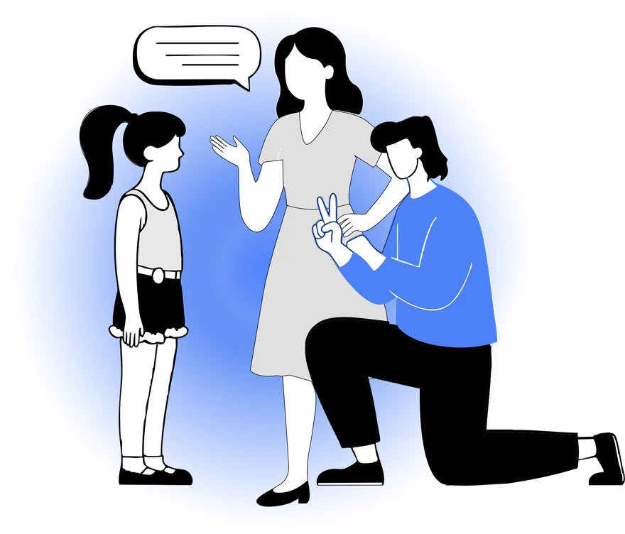 Illustration of an interpreter signing with a family