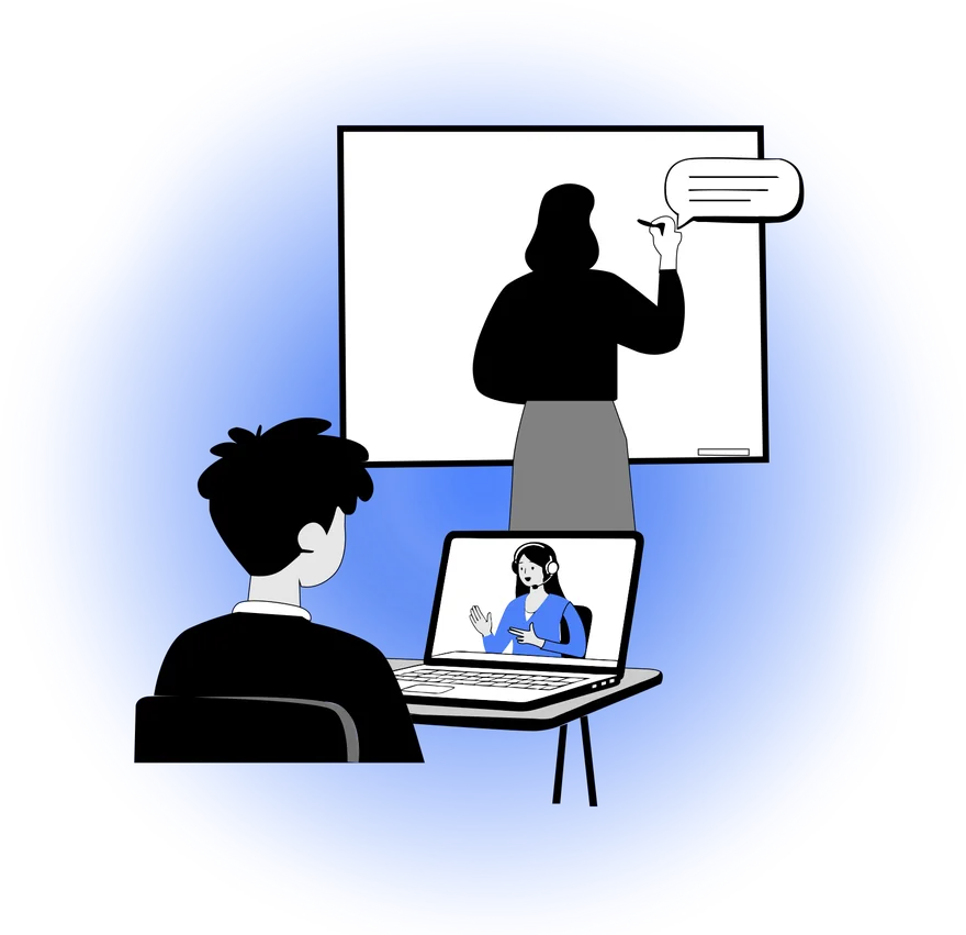 Illustration of a student joining a class with an interpreter on screen