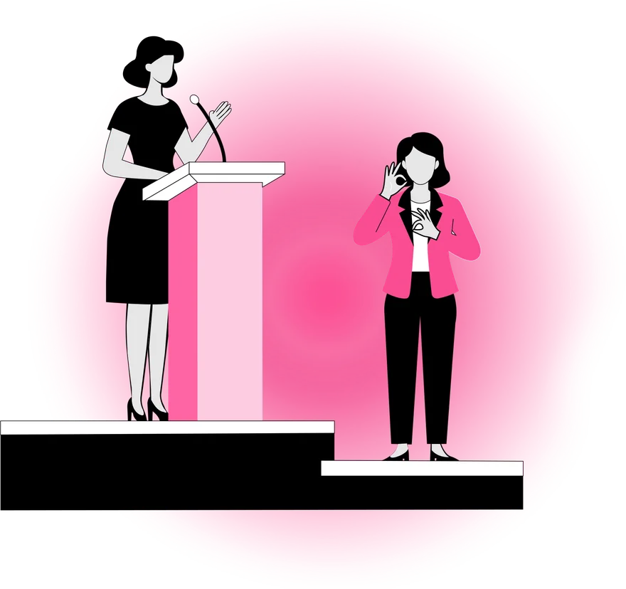 Illustration of a speaker at a podium beside an ASL interpreter on stage