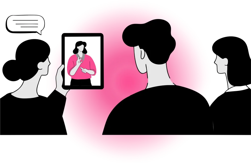 Illustration of a Deaf patient, a clinician and an interpreter joining on a tablet